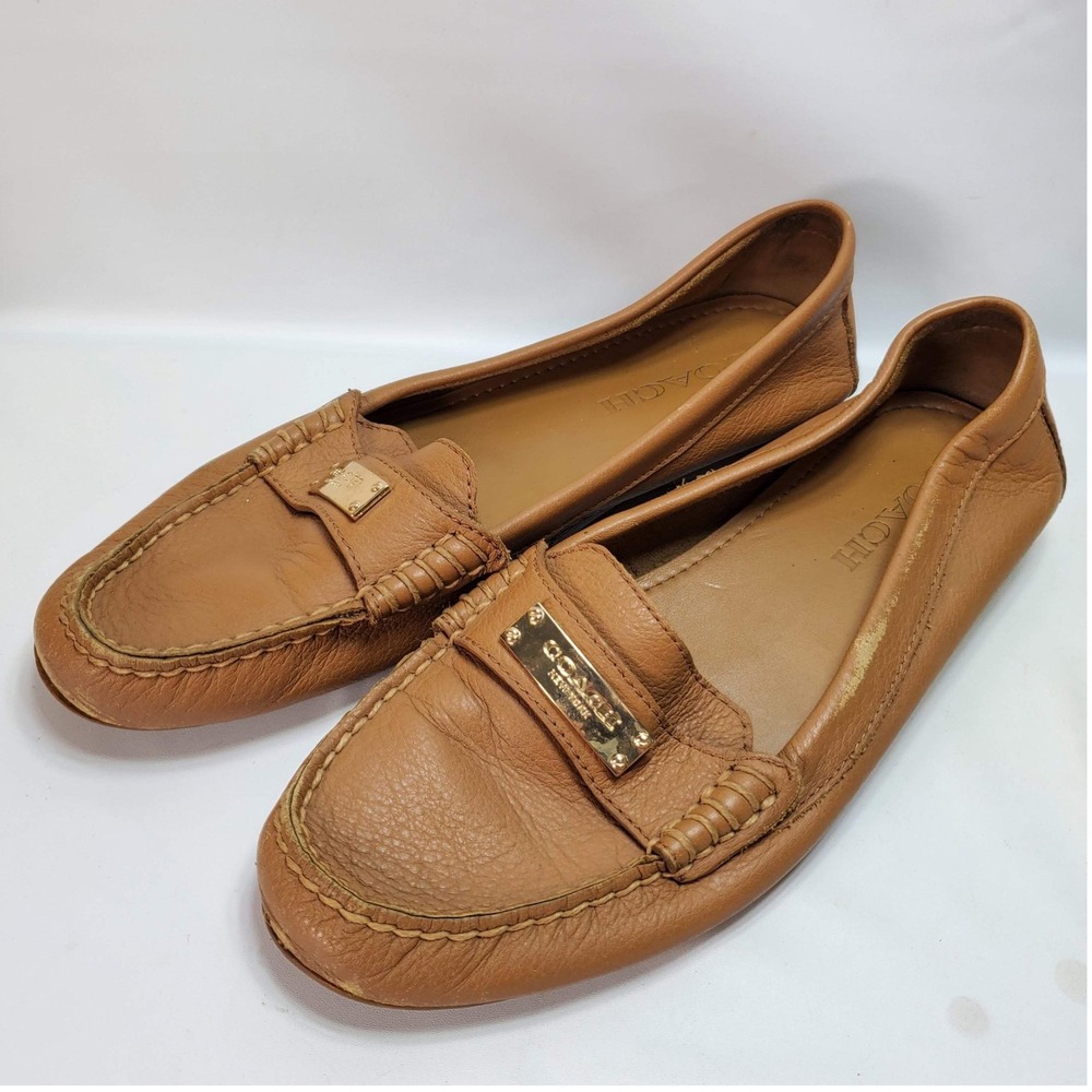 Coach Fredrica Loafers Women 7.5B Tan Leather Gold Logo Driving Moccasins A5175
